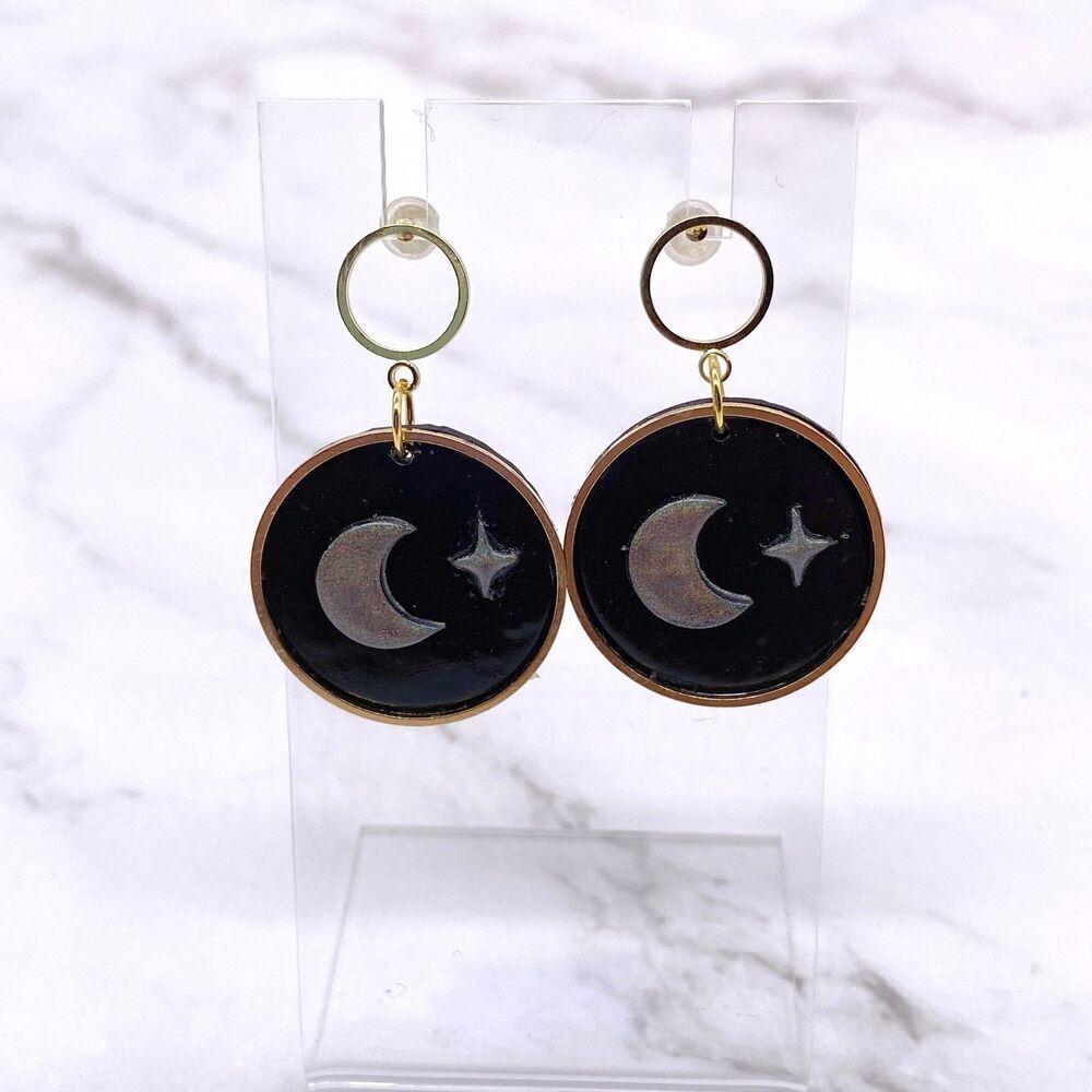 Black Celestial Moon Holographic Polymer clay stud dangle earrings